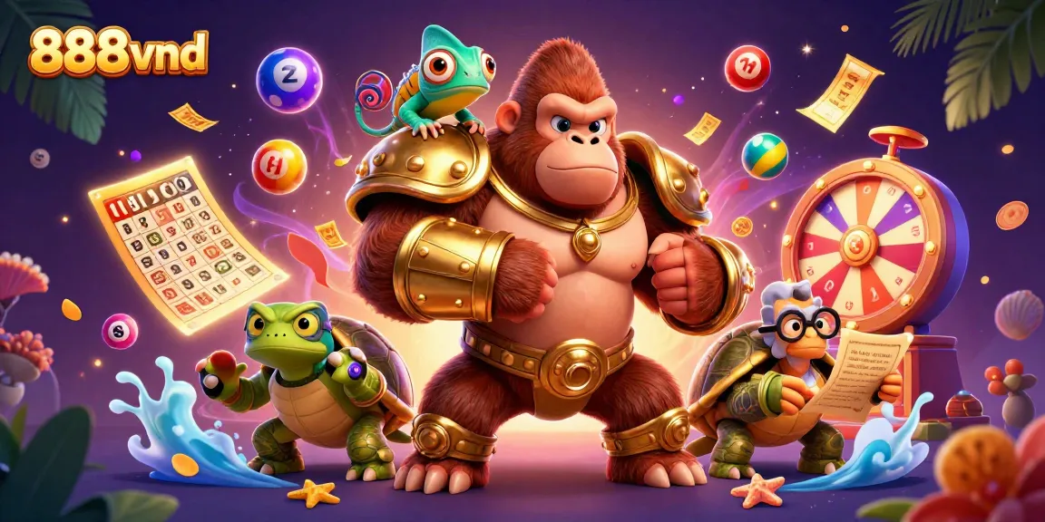 Engage in vibrant gaming with 888vnd's colorful illustration showcasing a gorilla king, chameleon, and tortoise elder.