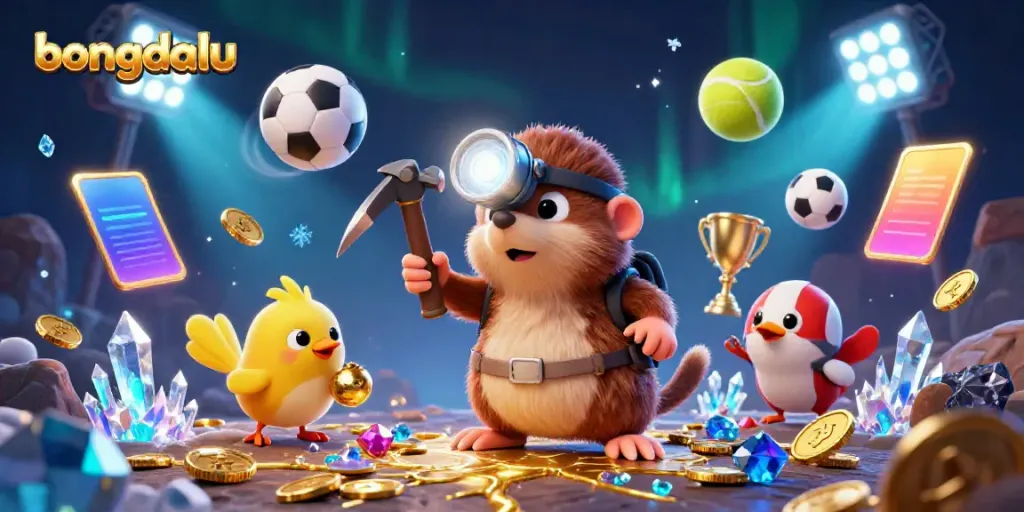Bongdalu sports betting scene with a treasure hunter mole and sports balls dynamically interacting in a vibrant cave.