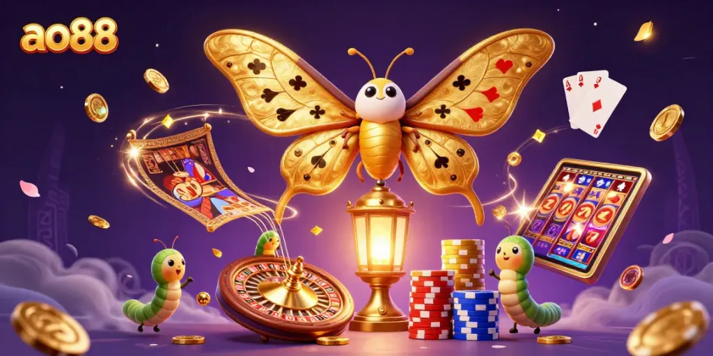 Experience ao88's enchanting casino world with colorful moths and dazzling game elements.
