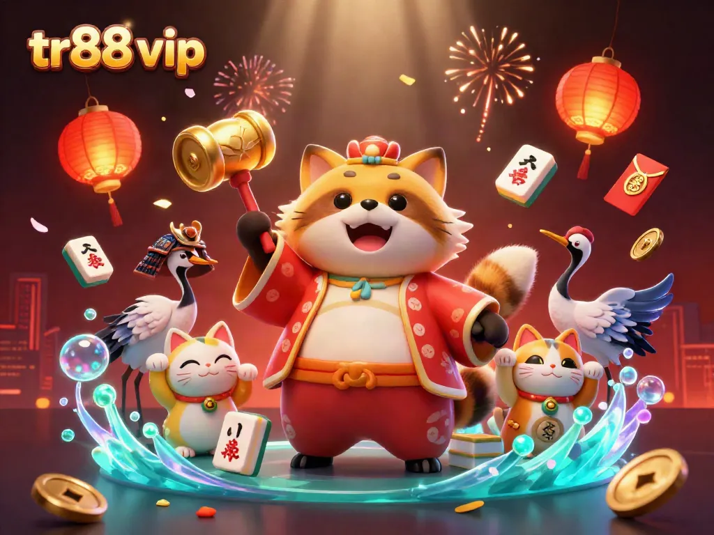 Experience thrilling gameplay with tr88 vip featuring an energetic scene of a cheerful tanuki and fortune cats amid dynamic casino elements.
