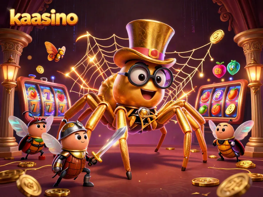 Kaasino offers thrilling slot adventures, featuring a giant tarantula and beetle knight in a lively 3D scene.