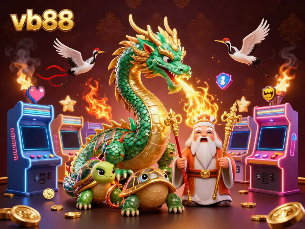 Engage with the vb88 experience through epic dragon and gaming visuals in this vibrant casino scene.