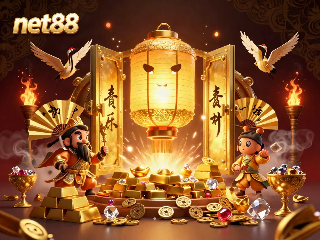 Experience the vibrance of net88 with a golden lantern spirit amidst a bustling casino scene.