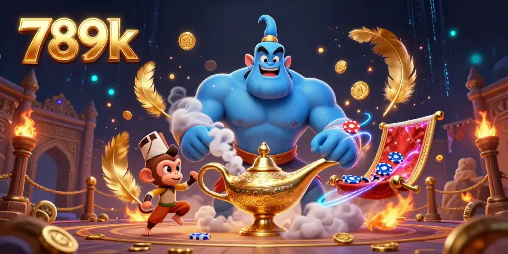 Experience vibrant gameplay at 789k with a magical scene showing a genie and poker chips.