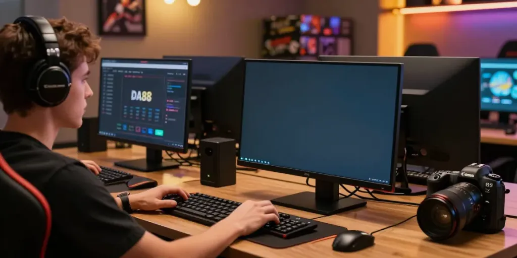 Engaged player experiencing DA88's online gaming platform with immersive setup.
