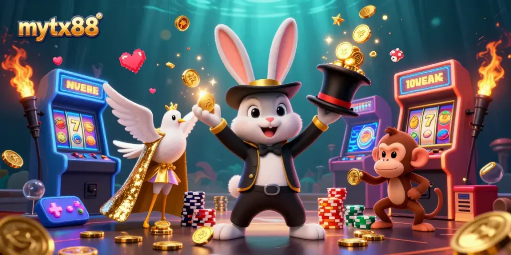 Experience the thrill of mytx88 with a playful rabbit and dazzling casino elements.