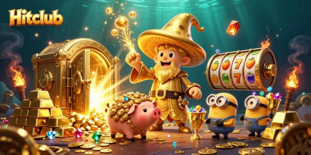 Spin and win with Hitclub's golden treasures and dynamic slot elements in this vibrant scene.