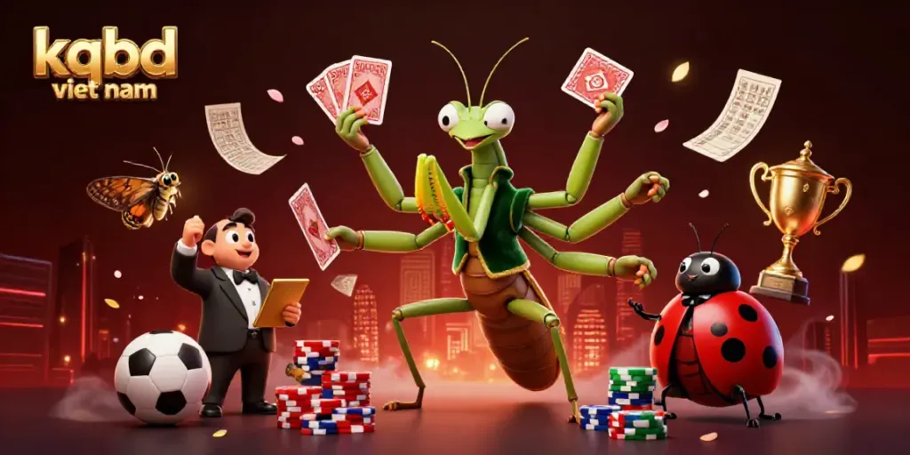 Engaging scene of kqbd viet nam with a giant mantis card sharp and ladybug pit boss amidst sports-themed elements.