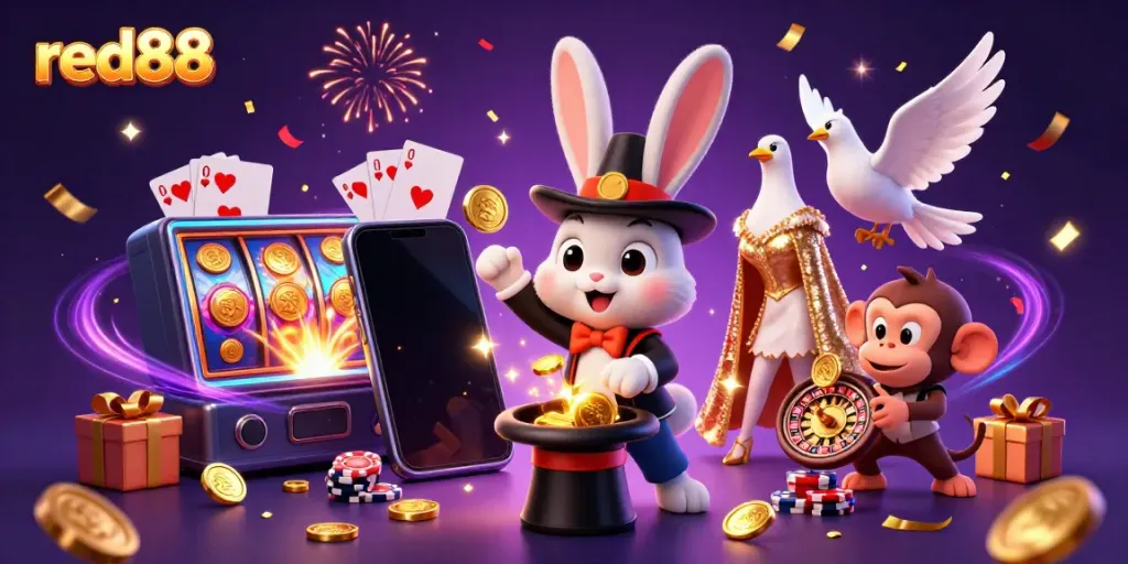 Engage with red88's dynamic gaming scene featuring a magician rabbit, coins, and playful monkey stealing poker chips.