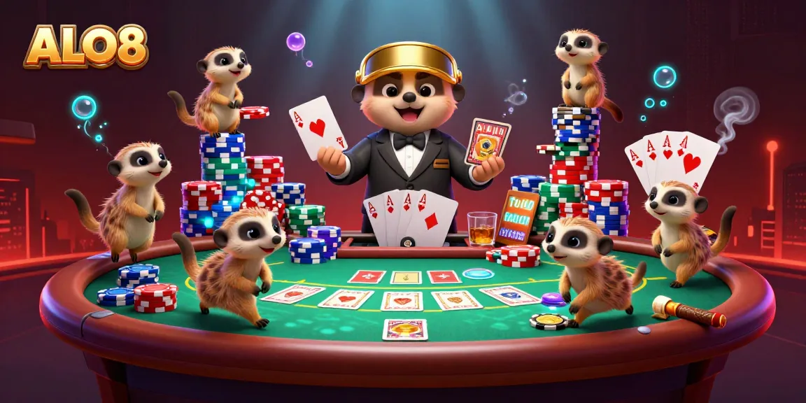 Experience thrilling gaming action at ALO8 with meerkats managing a bustling casino scene.