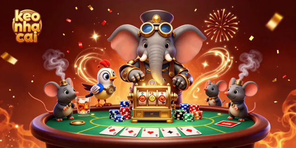 Engage with keo nha cai featuring a 3D steampunk elephant engineer operating a dynamic slot machine amidst colorful poker elements.