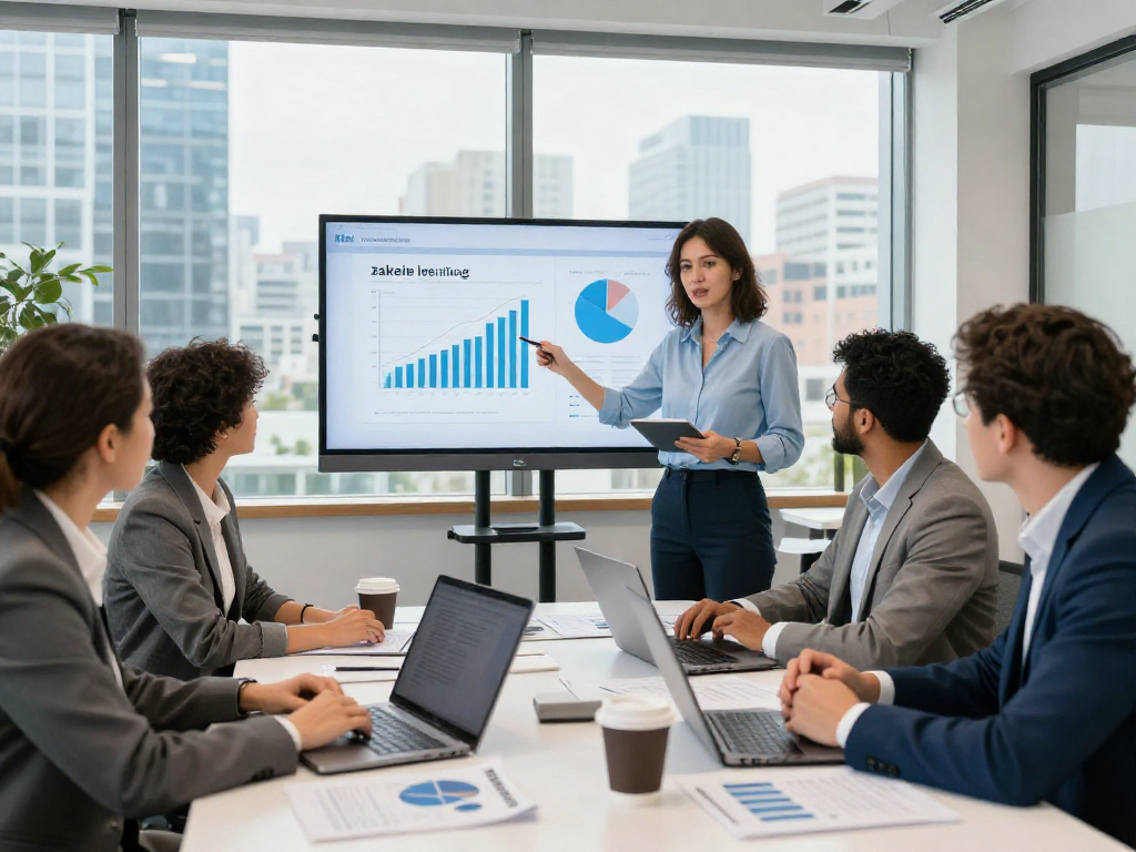 Professionals in een zakelijke omgeving analyseren een zakelijke lening met laptops en financiële documenten.