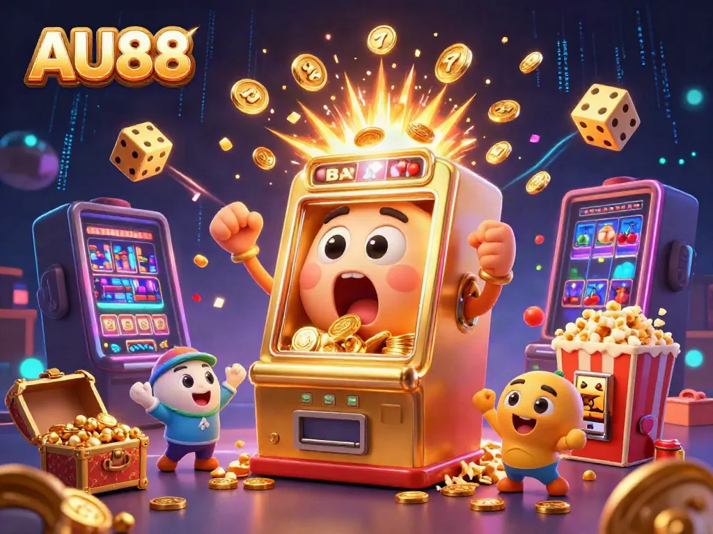 Experience the exciting jackpot action at AU88 with a golden slot machine pouring coins.