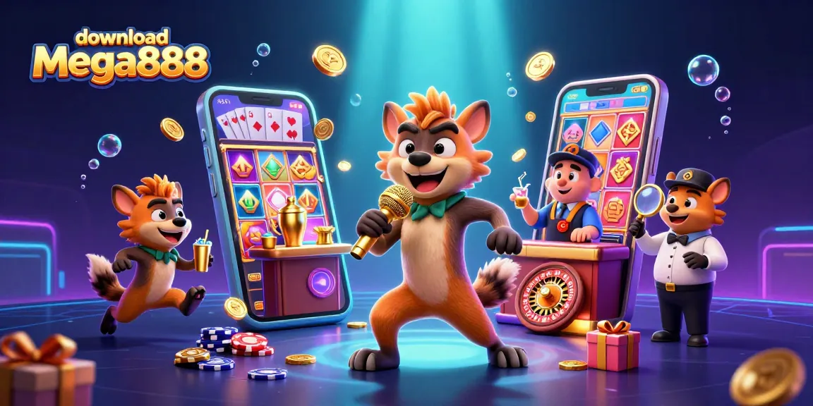 Download Mega888 and enjoy a vibrant casino experience with 3D animation of hyenas and exciting game elements.