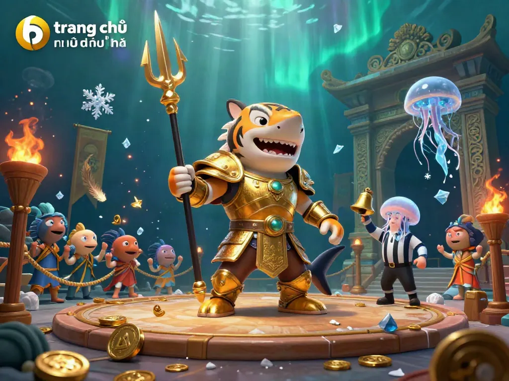 Engage with the vibrant underwater action of "trang chủ nhà cái uy tín," featuring a golden gladiator shark in a casino-themed colosseum.