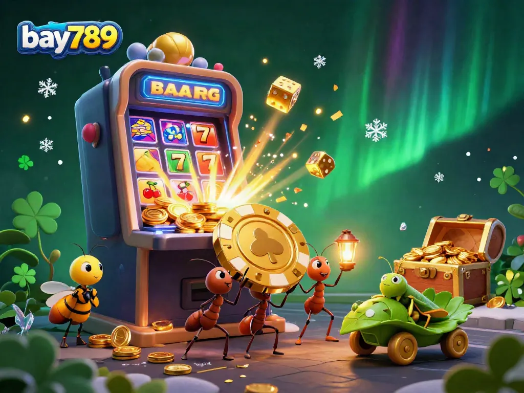 Engage with bay789's thrilling online casino heist featuring playful ants, golden chips, and a festive explosion of game elements.