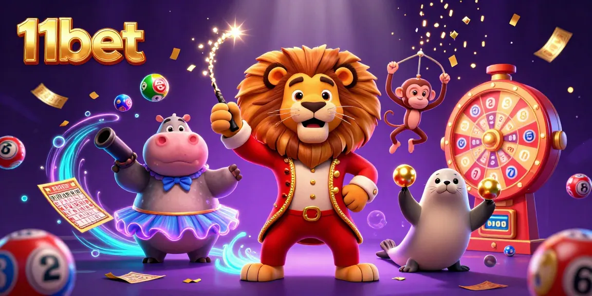Join the fun at 11bet with lively casino characters surrounded by colorful lottery elements.