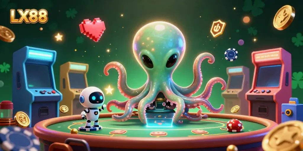 Engage with the LX88 poker scene featuring an alien octopus and a robot amidst dynamic holographic gameplay.