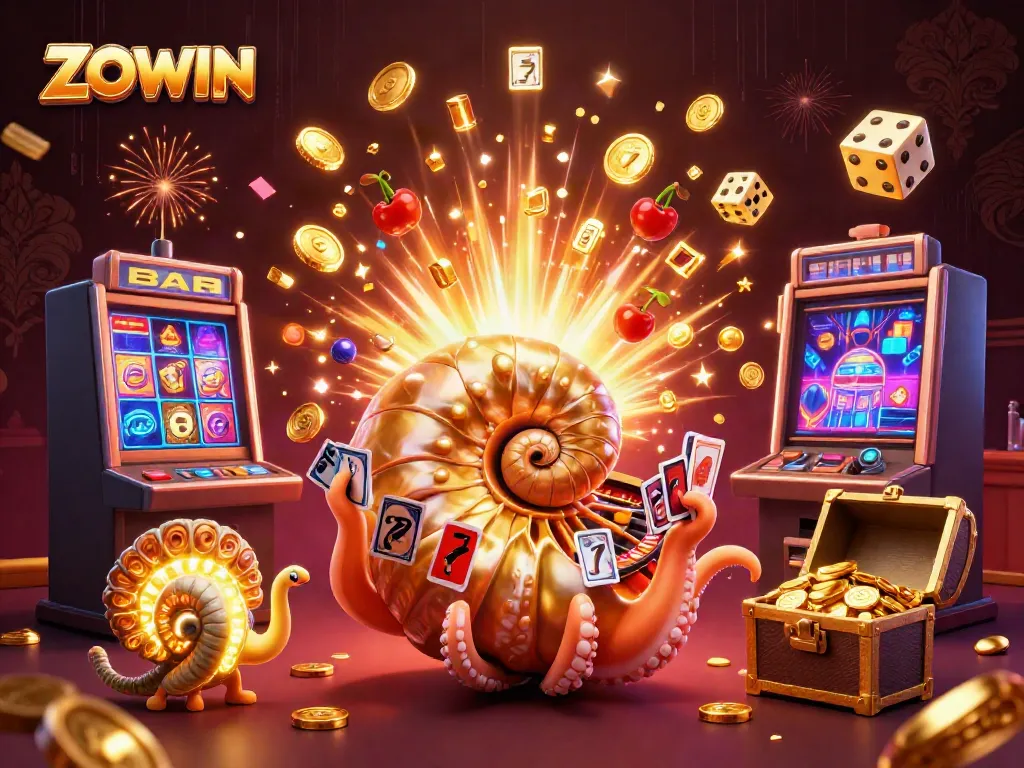ZOWIN casino experience featuring ancient nautilus and lively gaming elements in a vibrant digital illustration