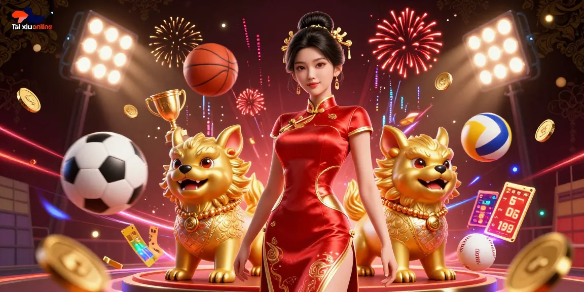 Experience Tai xiu online gameplay with immersive visuals of an Asian woman amidst dynamic sports elements and fireworks.