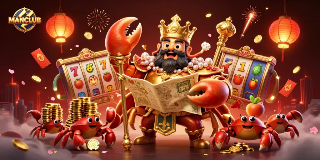 Experience the thrill of MANCLUB with a golden crab emperor amidst a vibrant casino atmosphere.