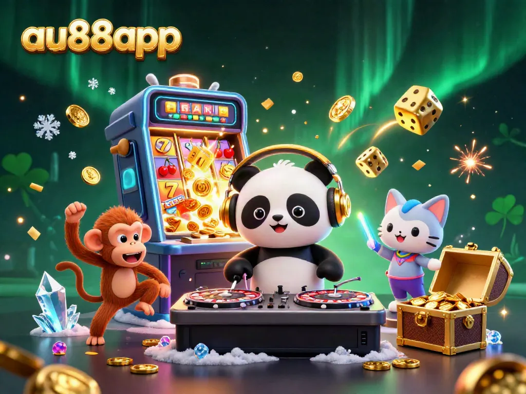 Experience excitement with au88app's vibrant 3D casino scene featuring a DJ panda, dancing monkey, and glowing kitten.