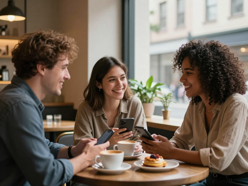 F168 online dating atmosphere with singles connecting over coffee in a cozy setting.