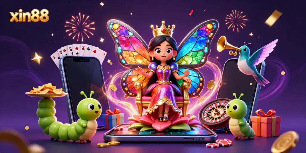 Spin winning slots with xin88's vibrant 3D illustration showcasing a butterfly queen and casino elements.