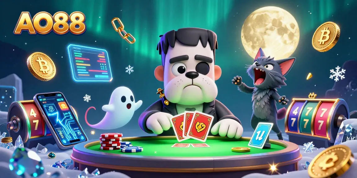 Join the fun at AO88 with a vibrant 3D casino scene featuring a bulldog dealer and glowing crypto coins.