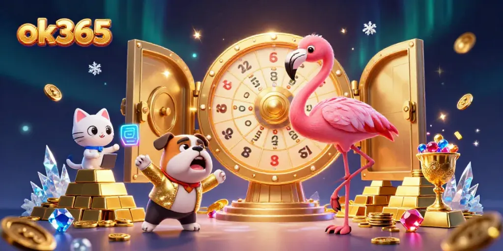 Experience the excitement of ok365 with a sparkling game show host flamingo and eager bulldog contestant amidst treasure-rich casino elements.