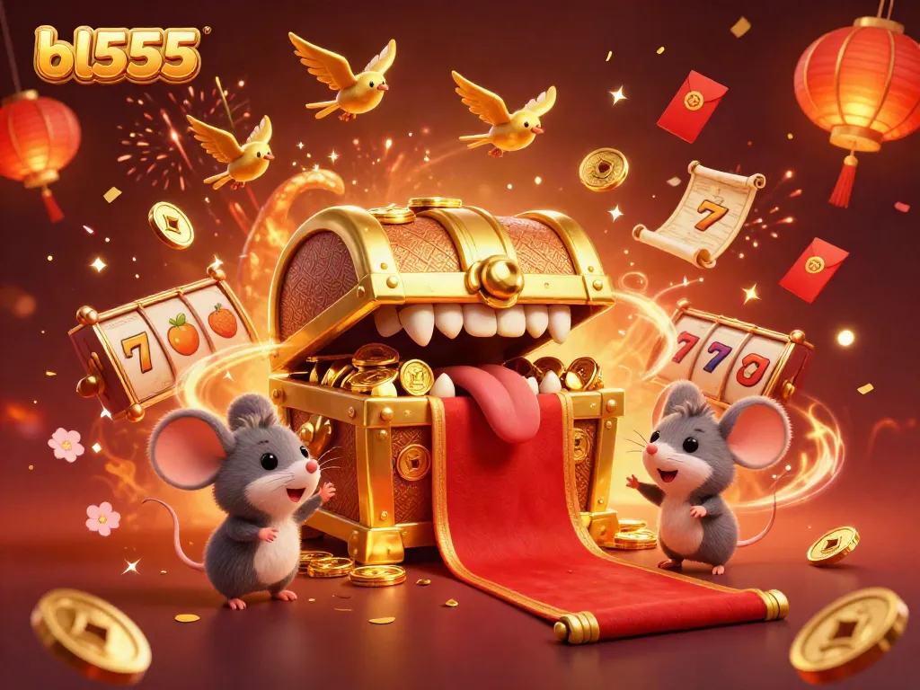 Experience the enchanting allure of bl555 with a vivid 3D casino illustration, featuring treasures, slots, and celebratory visuals.