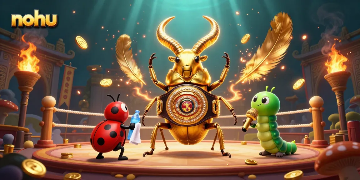 Nohu slot game scene featuring a giant golden stag beetle champion in a vibrant, dynamic arena.
