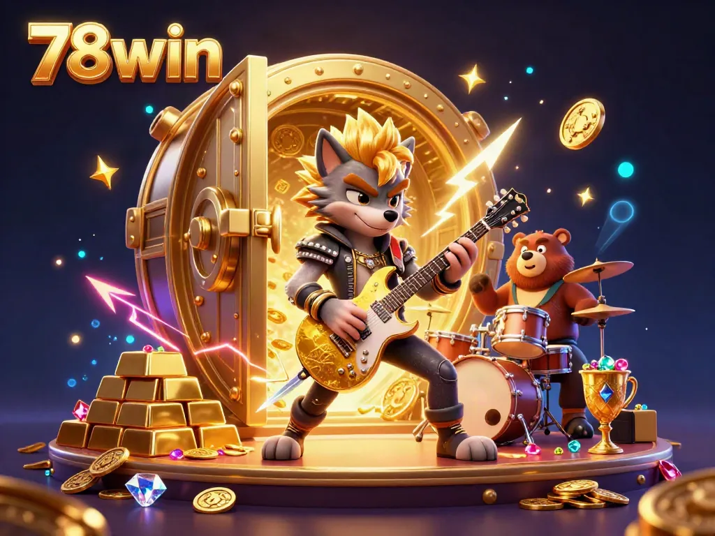Experience thrilling entertainment with 78win featuring a rock star wolf and a drummer bear on a vibrant casino stage.