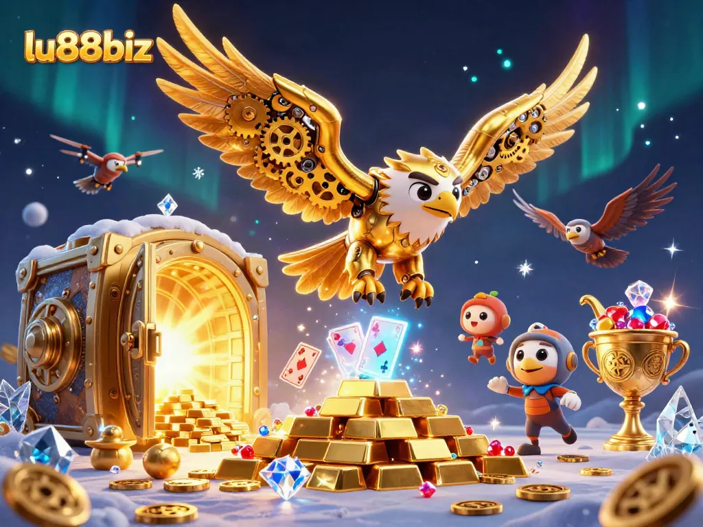 Engage with thrilling games at lu88biz featuring a cybernetic eagle diving through holographic cards.