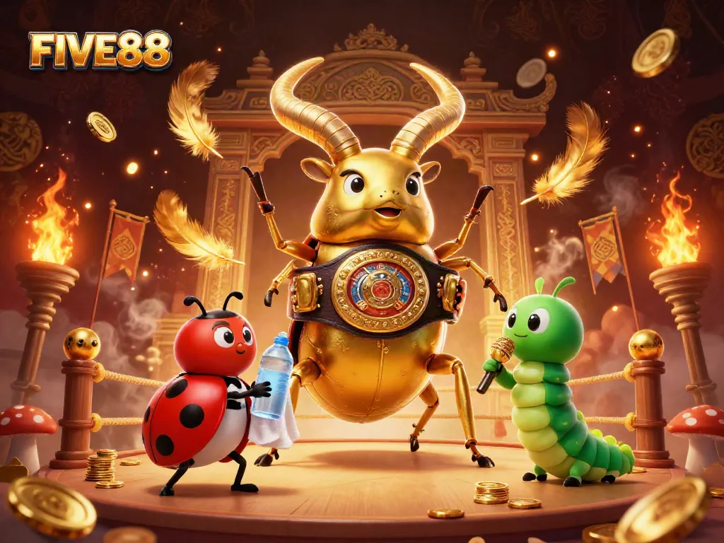 FIVE88 features a golden stag beetle battling in an electrifying casino-themed arena.