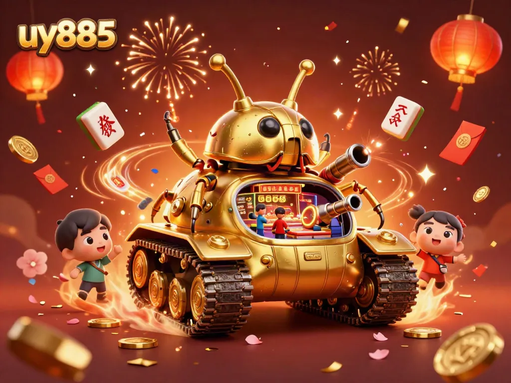 Engage with uy885's vibrant casino scene featuring a golden casino beetle tank amidst festive elements.