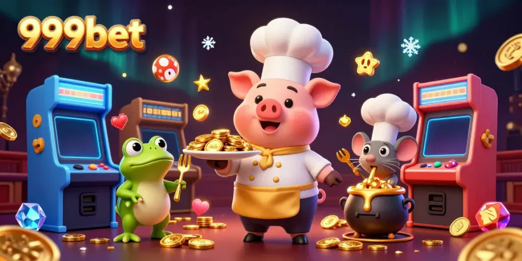 Immerse yourself in the 999bet casino world as a chef pig serves gold coins, surrounded by vibrant gaming elements.