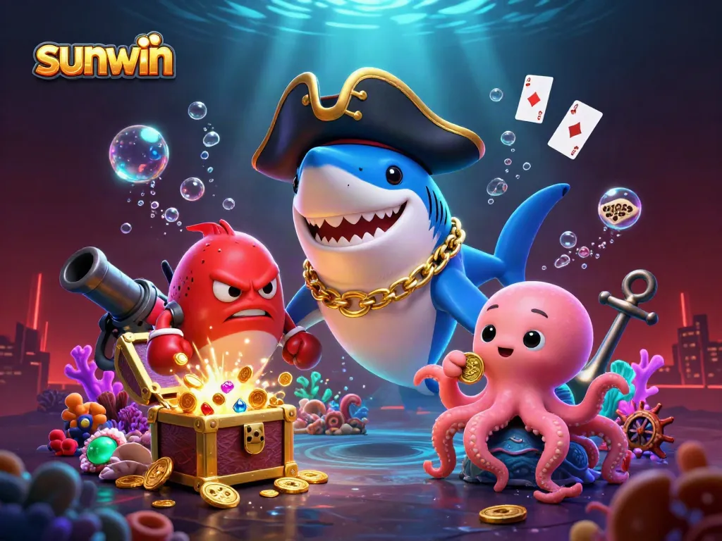 Engaging sunwin casino scene featuring a pirate shark, boxing pufferfish, and octopus with gold coins.