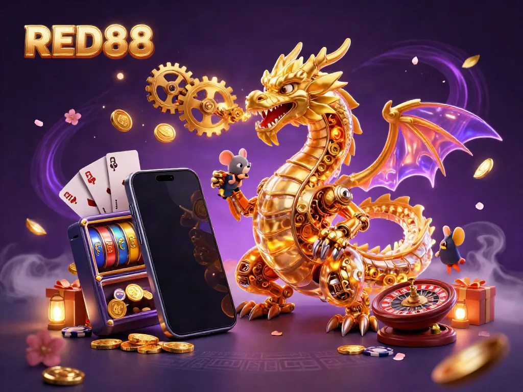 Experience thrills at RED88 casino with a golden dragon, vibrant slots, and dynamic game elements.