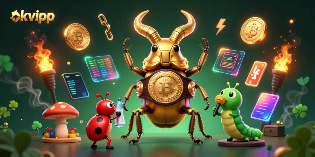 Engage with okvipp through an immersive, vibrant illustration featuring unique characters and crypto elements.