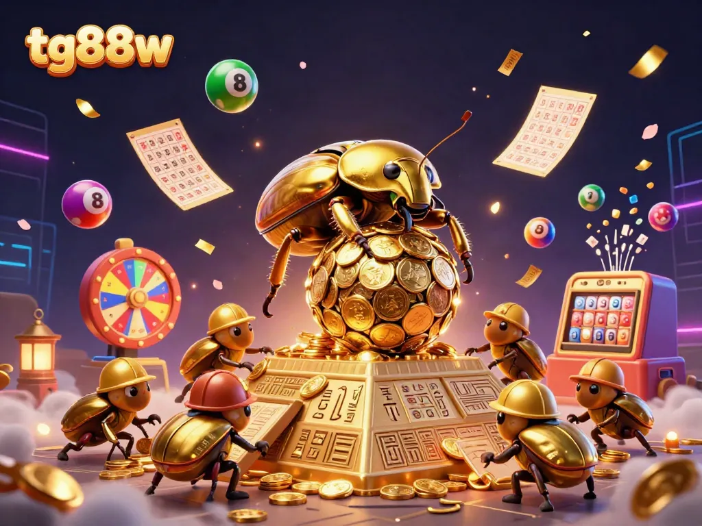 Engage with tg88w as a golden beetle rolls coins in a vibrant online casino illustration.