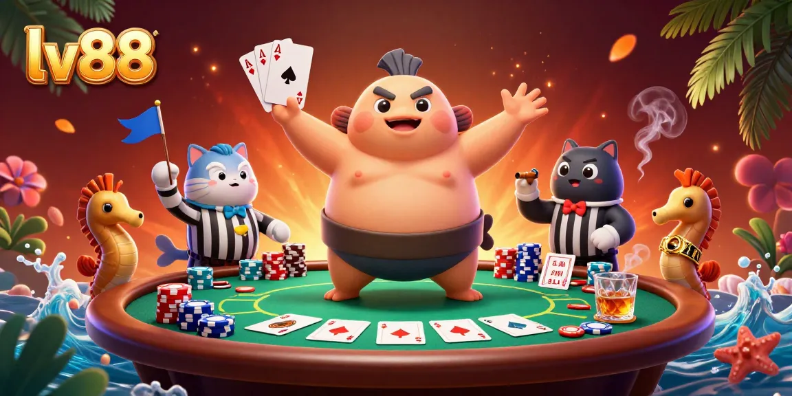 Engage with LV88's vibrant casino thrills featuring a playful fugu character in a poker showdown.