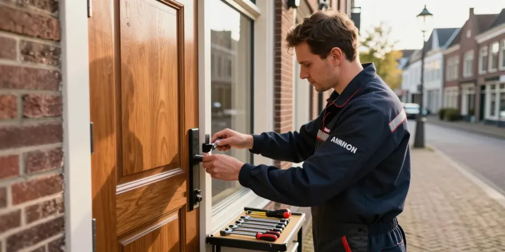 Slotenmaker Arnhem snel bij het installeren van een hoogbeveiligingsslot in een charmante straat met bakstenen gebouwen.