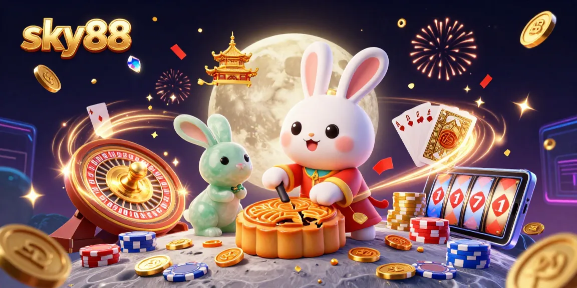 Experience thrilling moments at sky88 with a vibrant 3D casino scene showcasing lucky symbols.