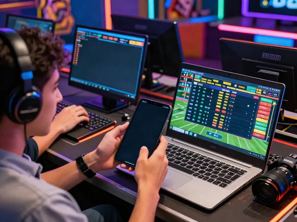Engaged player using NET88 app for live sports betting in a vibrant gaming environment.