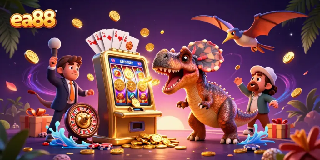 ea88 showcases a dinosaur hitting a slot machine, triggering a jackpot of coins in this vibrant gambling scene.
