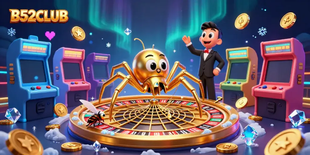Engaging B52CLUB scene featuring a golden spider and a centipede dealer in a colorful casino atmosphere.
