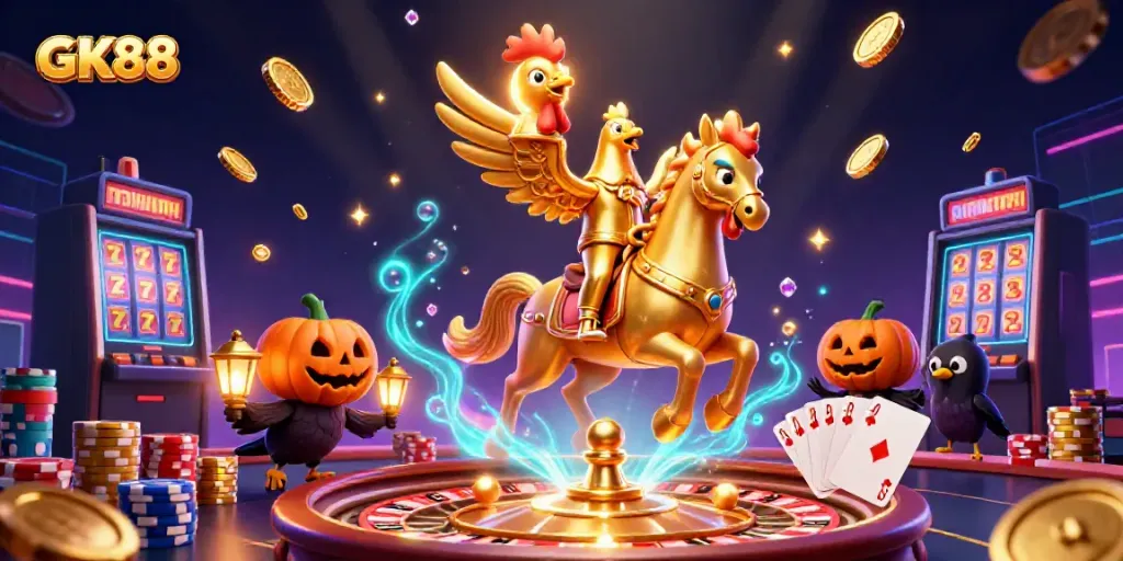 Experience the GK88 casino with a golden rooster, colorful poker chips, and vibrant slot machines.