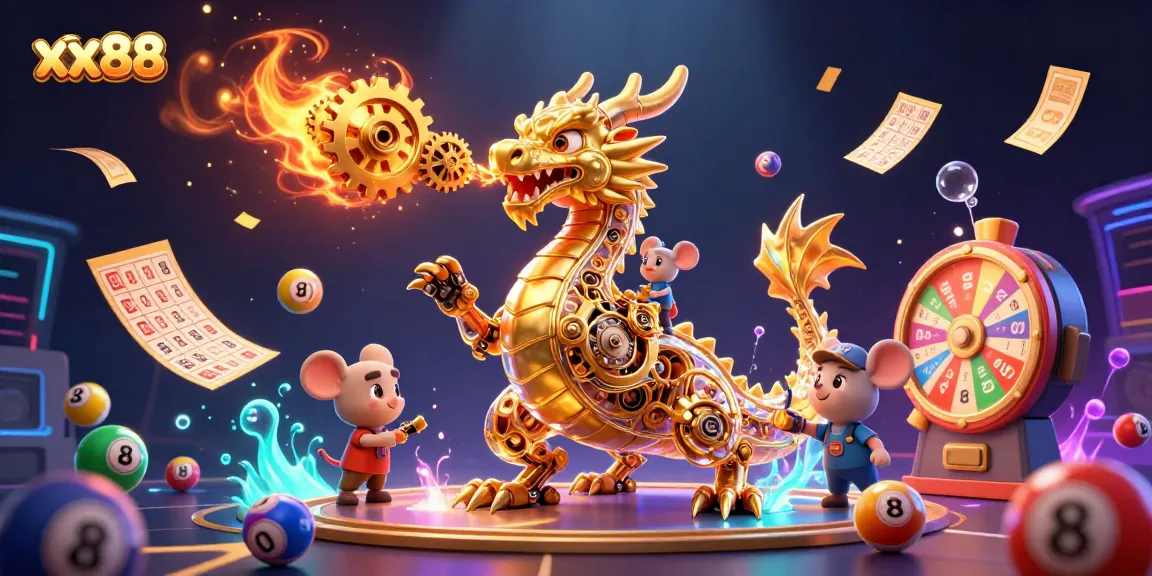 Engage with xx88's thrilling 3D casino scene featuring dynamic lottery elements and a golden dragon.