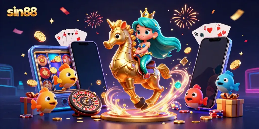 Engage in thrilling gaming at sin88 with vibrant mermaid and seahorse surrounded by casino elements.